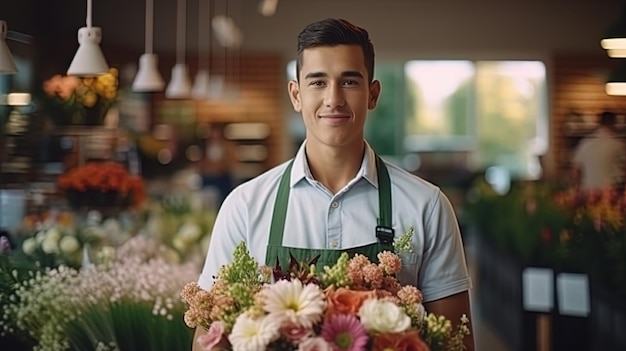 Een portret van een millennial in het beeld van een bloemist met bloemen en een boeket in zijn handen