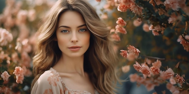 Een portret van een mooie jonge vrouw met lang bruin haar en bloemen