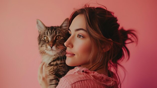 Een portret van een mooie vrouw en haar kat.