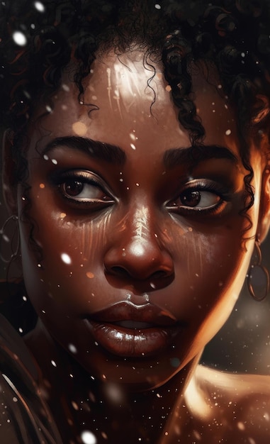 Een portret van een mooie vrouw met een zwarte huid en een goudkleurig oog