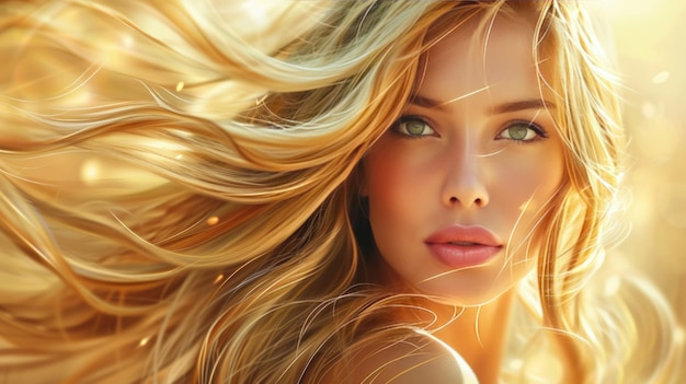 Een portret van een mooie vrouw met lang golvend blond haar