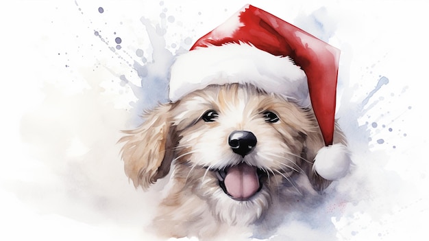 Een portret van een puppy met een Santa hoed gemaakt in waterverf