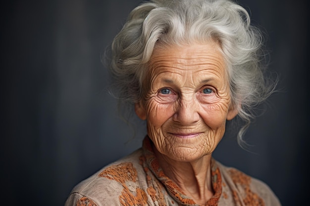 Een portret van een sierlijke bejaarde vrouw met een serene glimlach die de schoonheid van ouder worden gracieus toont