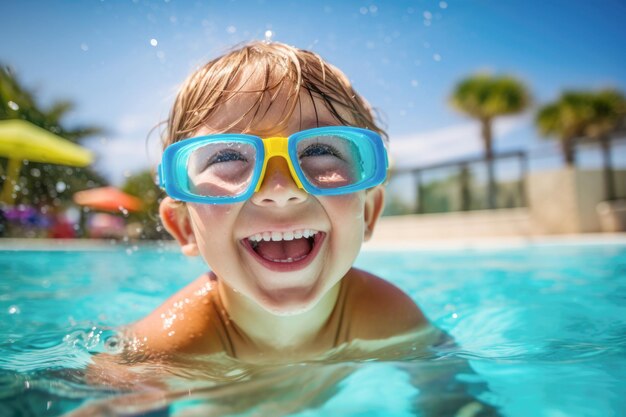 Een portret van een speels kind dat van een zomervakantie geniet door in het water te spetteren