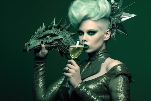 Een portret van een sprookjesachtig mystiek meisje in een kostuum met een glas champagne dat het Nieuwe Jaar van de Dragon AI generatief viert