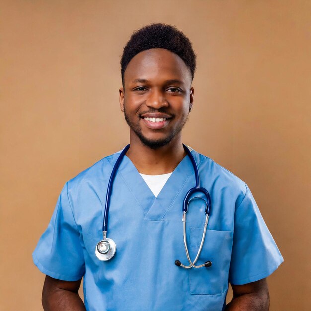 Foto een portret van een stralende zwarte amerikaanse verpleegster in scrubs op een lichtbruine achtergrond