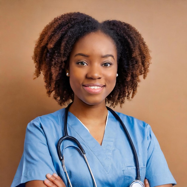 Foto een portret van een stralende zwarte amerikaanse vrouwelijke verpleegster in scrubs op een lichtbruine achtergrond