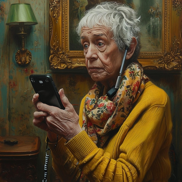 Een portret van een verdrietige en bezorgde oudere dame terwijl ze op haar smartphone kijkt