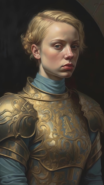 Een portret van een vrouw in een gouden harnas