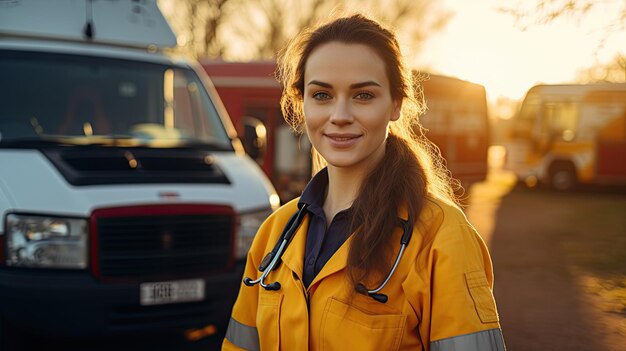 Een portret van een vrouw in een oranje uniform naast een witte ambulance bij zonsondergang