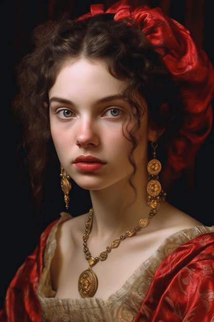 Een portret van een vrouw in een rode jurk