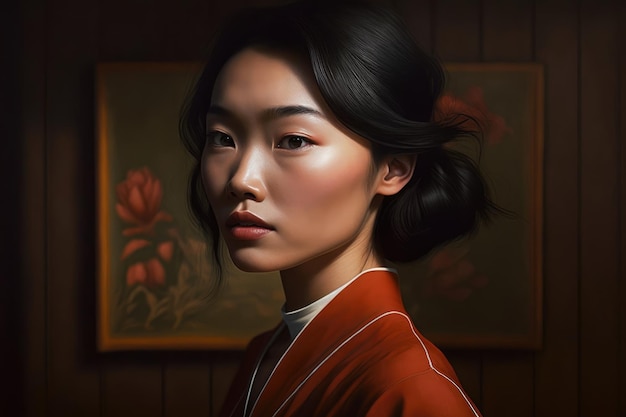 Een portret van een vrouw in een rode kimono