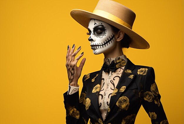 Een portret van een vrouw Katrina die suikerschedel make-up draagt om Halloween of Day of the Dead te vieren