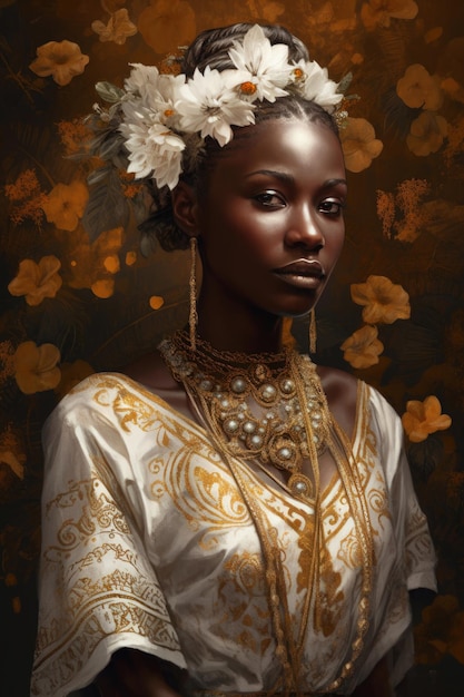 Een portret van een vrouw met bloemen op haar hoofd