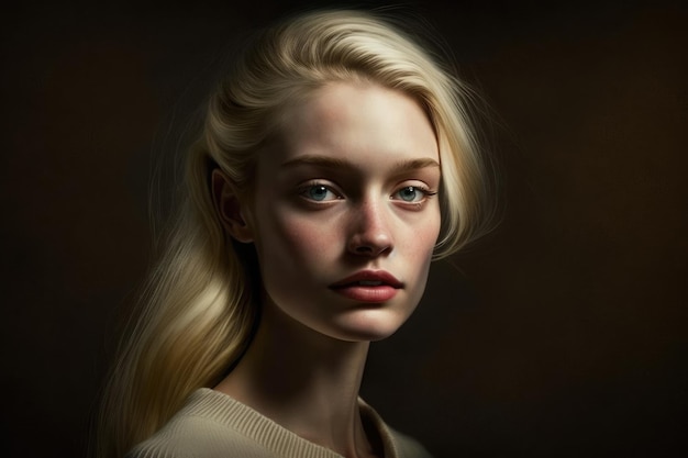 Een portret van een vrouw met blond haar en een lichtbruine trui.