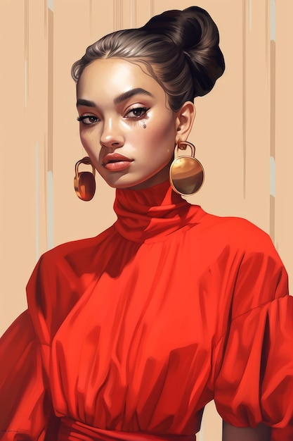 Een portret van een vrouw met een rode jurk en gouden oorbellen