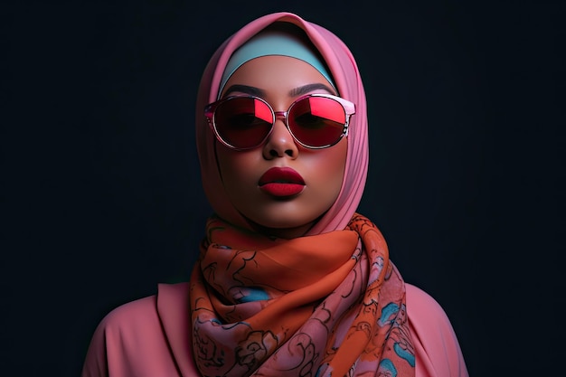Een portret van een vrouw met een zonnebril en een sjaal