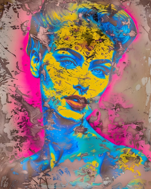 Een portret van een vrouw met gele en blauwe verf op haar gezichtskenmerken