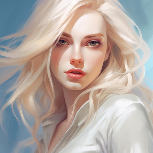 een portret van een vrouw met lang blond haar.