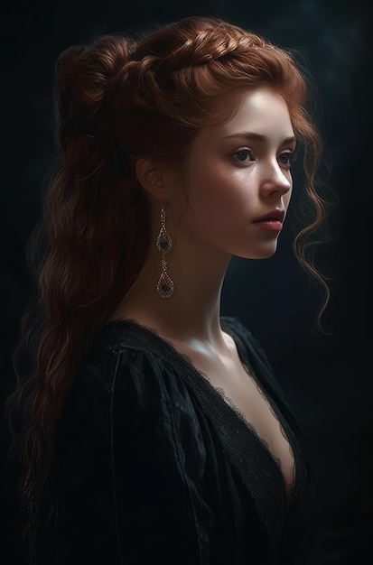Een portret van een vrouw met rood haar en een blauw oog.