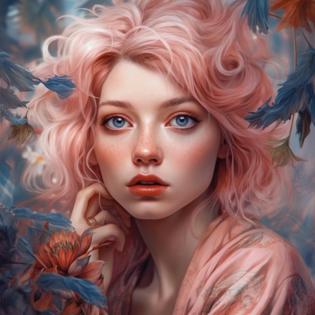Een portret van een vrouw met roze haar en een bloemenpatroon