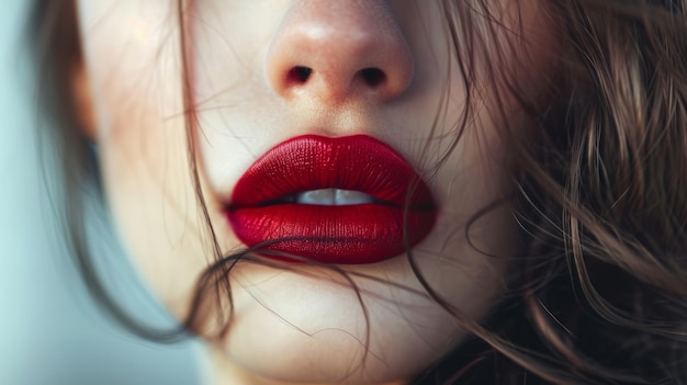 Een portret van een vrouw met sexy rode lippen en golvend haar close-up