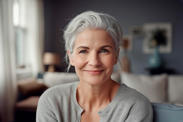 Foto een portret van een vrouw van middelbare leeftijd met zilveren haar die in haar gezellige woonkamer naar de camera glimlacht