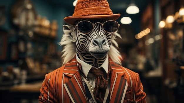 Een portret van een zebra met een hoed en een zonnebril in een bar