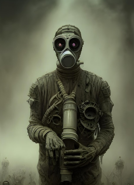 een portret van een zombie-soldaat met een gasmasker, horrorkunst, nucleaire oorlog, apocalyps