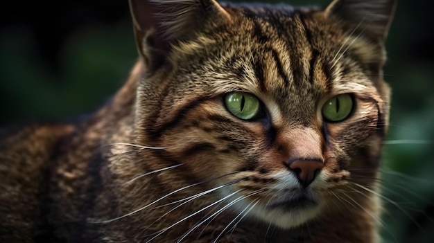 Een portret van grijze streep huiskat met groene ogen en op wacht gezicht starend naar iets onscherpe achtergrond
