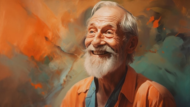 Een portretschilderij van een glimlachende oudere man in een olieverf op canvas schilderstijl Generative AI AIG21