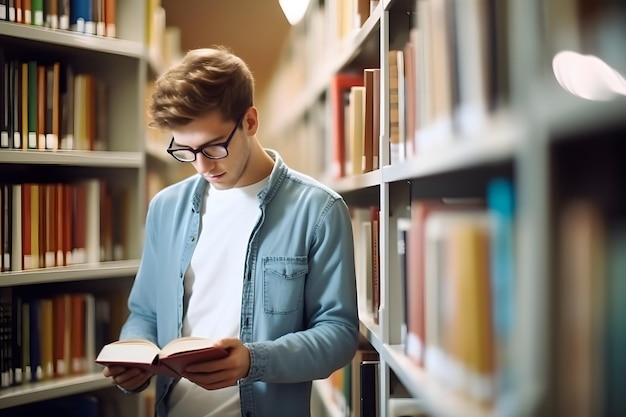 een positieve jongeman kiest een boek in de bibliotheek in de schappen besteedt tijd aan het volgen van een opleiding in een hogeschool- of campusbibliotheek of de universiteit De voordelen van dagelijks lezen Examenvoorbereiding