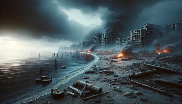 Een post-apocalyptische scène op een verlaten strand