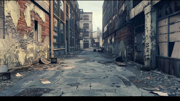 Een post-apocalyptische stadsstraat met verlaten en beschadigde gebouwen de straat is bedekt met puin en puin en de lucht is donker en somber