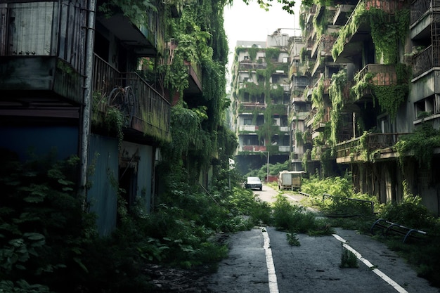 Foto een post-apocalyptische toekomstige wereld zonder mensen een verlaten lege verloren stad met weelderige planten groeit futuristische conceptie van natuurkracht generatieve ai