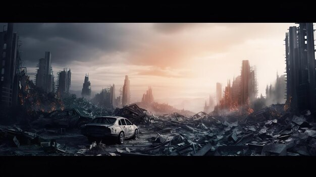 Een post-apocalyptische verwoeste stad Verwoeste gebouwen verbrandde voertuigen en verwoeste wegen 3D rendering