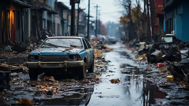 Een post-apocalyptische verwoeste stad Verwoeste gebouwen verbrandde voertuigen en verwoeste wegen Generatieve AI