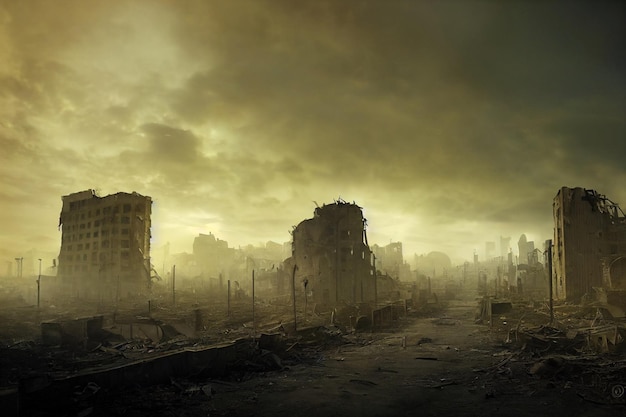 Een postapocalyptische verwoeste stad. Vernietigde gebouwen uitgebrande voertuigen en verwoeste wegen.