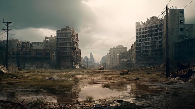 Een postapocalyptische verwoeste stad Verwoeste gebouwen Verwoeste wegen Opgeblazen wolkenkrabbers Het concept van de Apocalyps Generatieve Ai