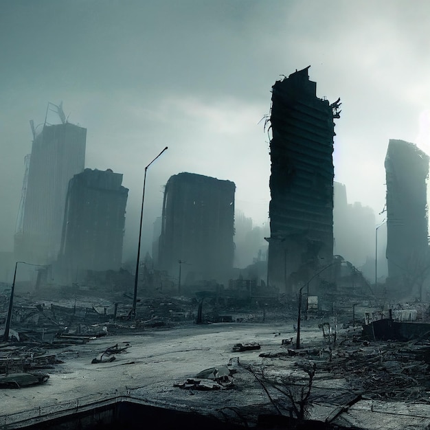 Een postapocalyptische verwoeste stad Verwoeste gebouwen verwoestten wegen opgeblazen wolkenkrabbers