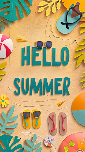 Foto een poster dat zegt hallo zomer met een strandbal flip flops zonnebril en bladeren