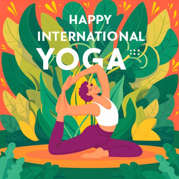 een poster met de tekst "gelukkig internationale yoga"