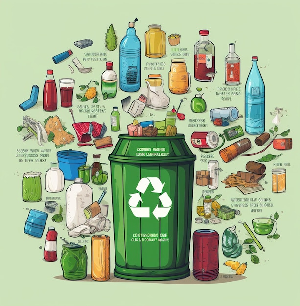 Foto een poster met een afbeelding van een prullenbak en een afbeelding van een prullenbak met diverse recyclingartikelen.