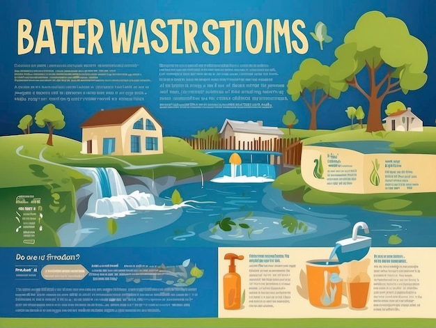 een poster met een afbeelding van een waterzuiveringsplan en een afbeelding van een huis