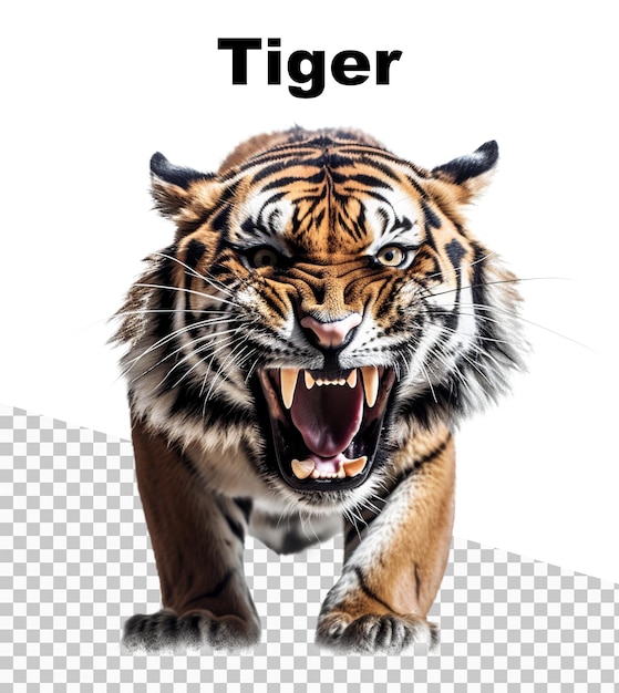 Een poster met een agressieve tijger en het woord tijger bovenaan