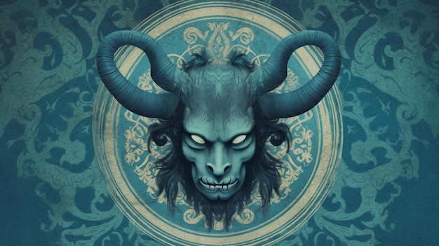 Een poster met een blauwe demon met hoorns en een hoorn