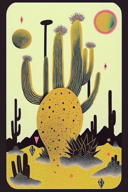 Een poster met een cactus en een zon erop