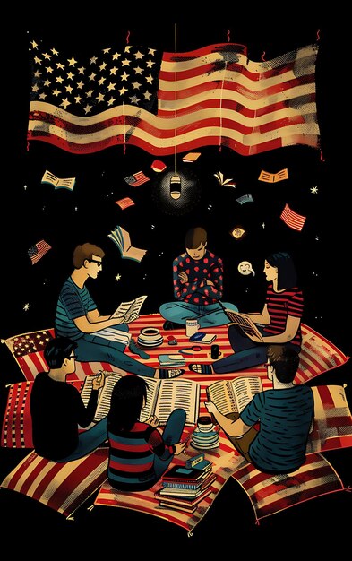 een poster met een foto van mensen die boeken lezen en de sterren aan de onderkant