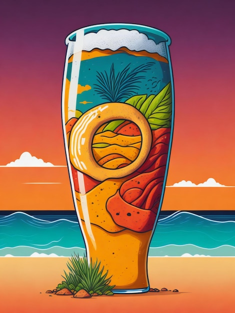 een poster met een glas bier op het strand