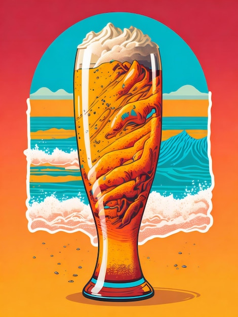 Foto een poster met een glas bier op het strand